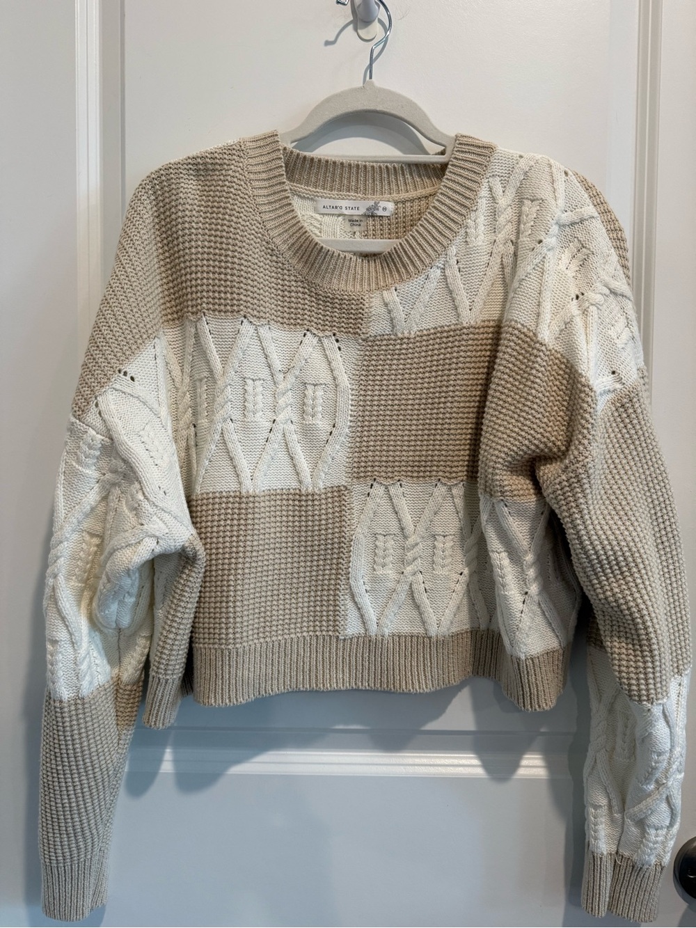Altar'd State Beige & Cream Patchwork Cable Crewneck Sweater Cropped